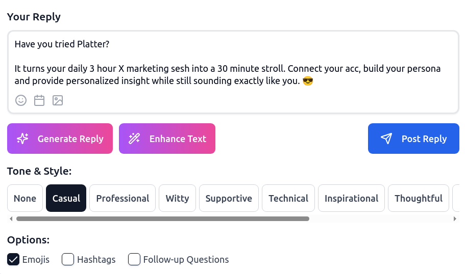 Platter AI reply generator creating personalized responses in your tone